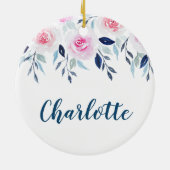 花のピンクのバラの水彩画のパーソナライズな名前 セラミックオーナメント (裏面)