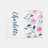 花のピンクのバラの水彩画のパーソナライズな名前 フリースブランケット (正面(横))