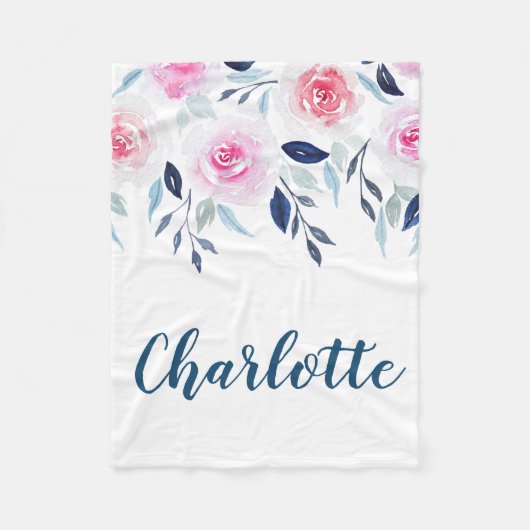 花のピンクのバラの水彩画のパーソナライズな名前 フリースブランケット (正面)