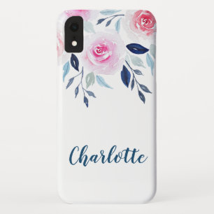 花のピンクのバラの水彩画のパーソナライズな名前 iPhone XRケース