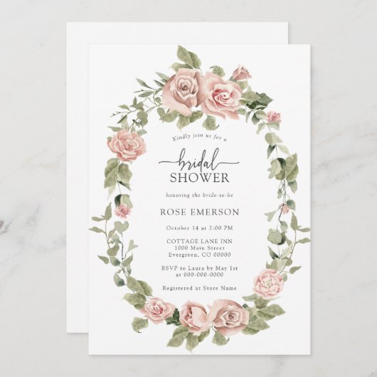 花のピンクのバラの花嫁のシャワー 招待状 (正面/裏面)