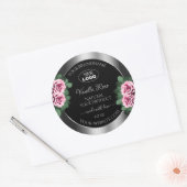 花のピンクのバラ シルバー ブラック 商品ラベル ロゴ ラウンドシール (封筒)