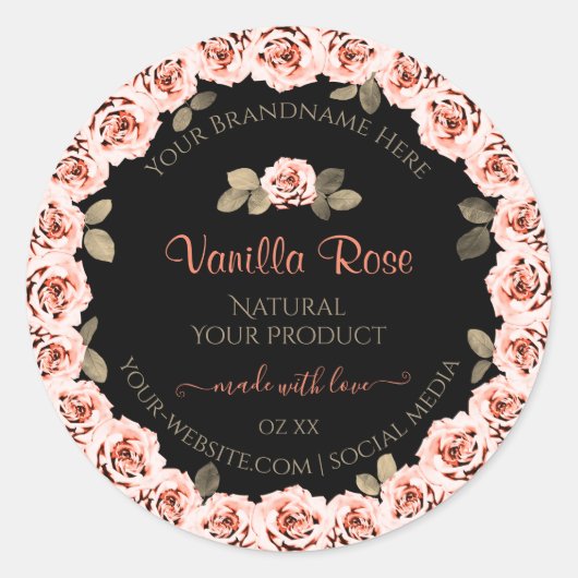 花のピンクのバラ ブラック 商品パッケージラベル ラウンドシール (正面)