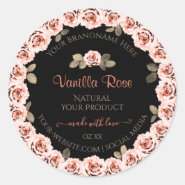 花のピンクのバラ ブラック 商品パッケージラベル ラウンドシール