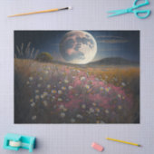 花のピンクのフィールド上の満月のデコページ 薄葉紙 (クラフト)