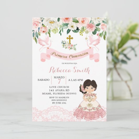 花のピンクのメキシコの少女の聖体拝領の招待状 招待状 (スタンド正面)