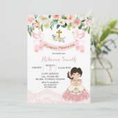 花のピンクのメキシコの少女の聖体拝領招待状 招待状 (スタンド正面)