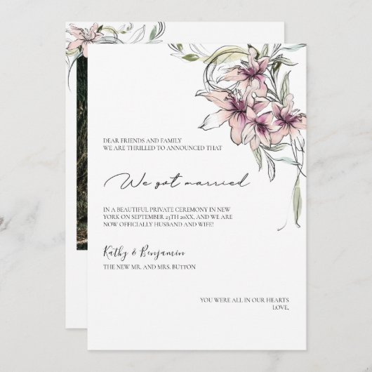 花のピンクのユリの発表カード - フォトカード 案内状 (正面/裏面)