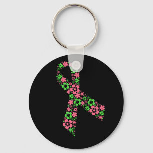 花のピンクのリボンのkeychain -黒 キーホルダー