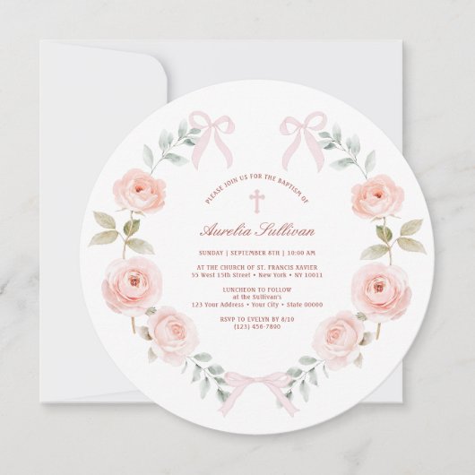 花のピンクのリース 洗礼 招待状 (正面)