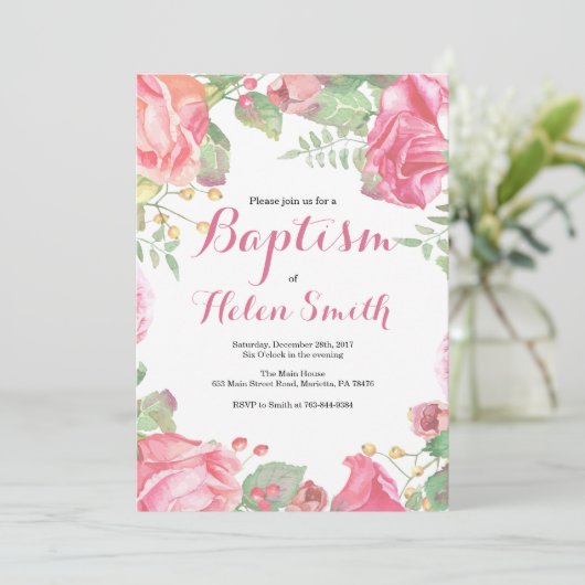 花のピンクの女の子の洗礼の招待状 招待状 (スタンド正面)