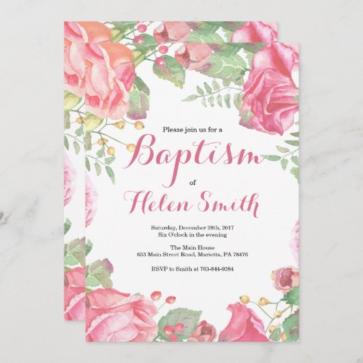 花のピンクの女の子の洗礼の招待状 招待状 (正面/裏面)