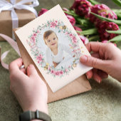 花のピンクの桃色のキュートなウサギの女の子の1歳の誕生日 招待状