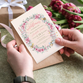 花のピンクの桃色のキュートなウサギの女の子の1歳の誕生日 招待状