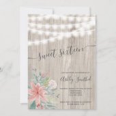 花のピンクの灰色の木製のひもはSweet sixteenをつけます 招待状 (正面)