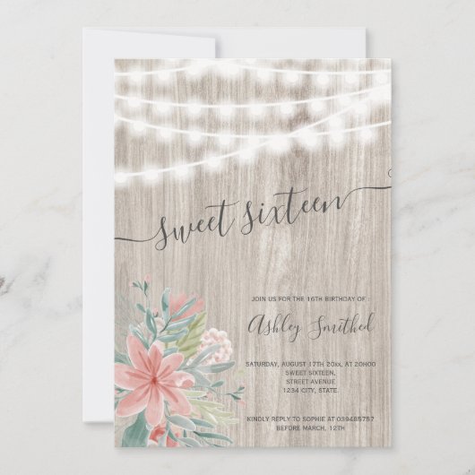 花のピンクの灰色の木製のひもはSweet sixteenをつけます 招待状 (正面)