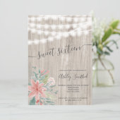 花のピンクの灰色の木製のひもはSweet sixteenをつけます 招待状 (スタンド正面)