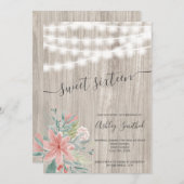 花のピンクの灰色の木製のひもはSweet sixteenをつけます 招待状 (正面/裏面)
