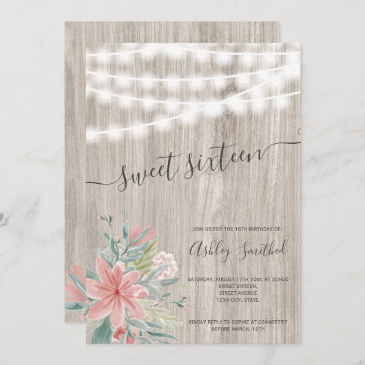 花のピンクの灰色の木製のひもはSweet sixteenをつけます 招待状 (正面/裏面)