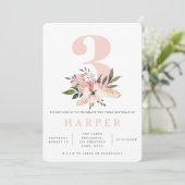 花のピンクの第3誕生会の写真の招待 招待状 (スタンド正面)