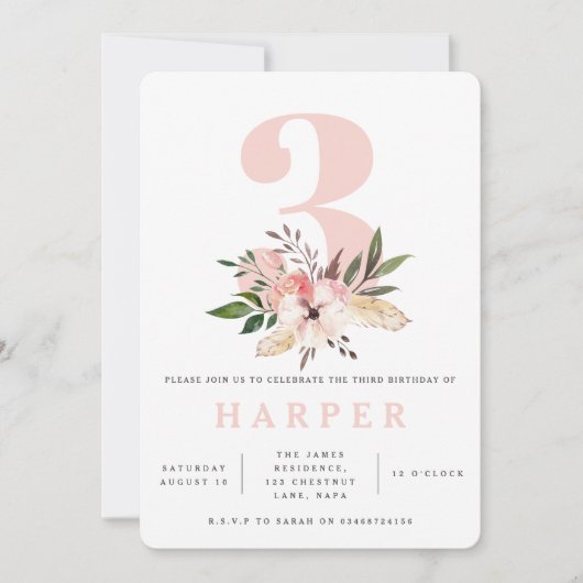 花のピンクの第3誕生会の写真の招待 招待状 (正面)