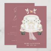 花のピンクの結婚式の車 セーブザデート (正面/裏面)