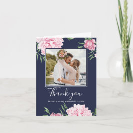 花のピンクの芍薬の植物写真 エレガントなネイビーのタ サンキューカード