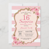 花のピンクの芍薬サプライズ 16歳の誕生日パーティー 招待状 (正面)