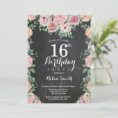 花のピンクの芍薬 16歳の誕生日 ブラックボード 招待状 (スタンド正面)