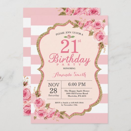 花のピンクの芍薬 21歳の誕生日パーティー招待状 招待状 (正面/裏面)