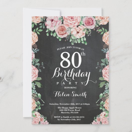 花のピンクの芍薬 80歳の誕生日 ブラックボード 招待状 (正面)