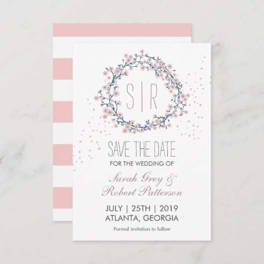 花のピンクの花のリース結婚式の日付を保存 セーブザデート (正面/裏面)