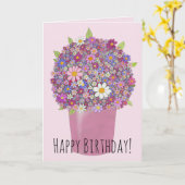 花のピンクの花束誕生日カード カード (黄色い花)