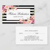 花のピンクの赤面のストライプな美容師のアポイントメント 予約カード (正面/裏面)