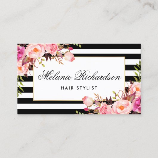 花のピンクの赤面のストライプな美容師のアポイントメント 予約カード (正面)