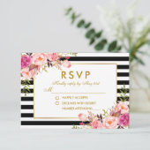 花のピンクの赤面の金ゴールドの黒のストライプRSVPの結婚式 出欠カード (スタンド正面)