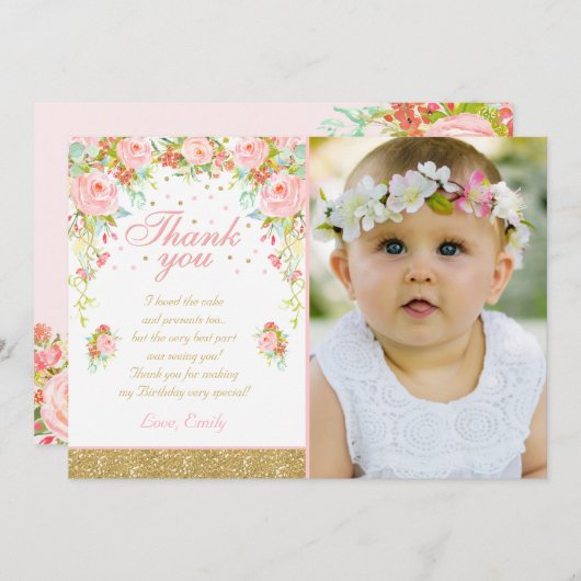 花のピンクの金ゴールドのサンキューカードのピンク及び金ゴールド サンキューカード (正面/裏面)