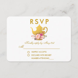 花のピンクの金ゴールドのブライダルシャワーのお茶会RSVP 出欠カード