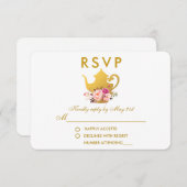 花のピンクの金ゴールドのブライダルシャワーのお茶会RSVP 出欠カード (正面/裏面)