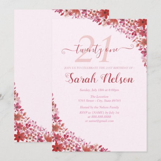 花のピンクの21歳の誕生日招待状 招待状 (正面/裏面)