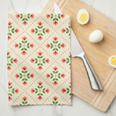 花のピンク及び緑のキルトの民芸パターン キッチンタオル (四つ折り)