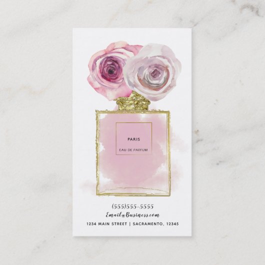 花のファッション香水ボトル ピンクのバラ ゴールド グラム 名刺 (裏面)