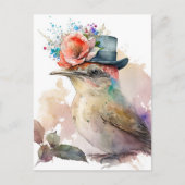 花のファンシー水彩帽子の鳥 ポストカード (正面)