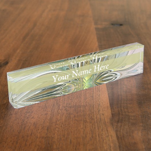 花のファンタジーフラクタルアート ゴールドテキストの花 デスクネームプレート (側面)