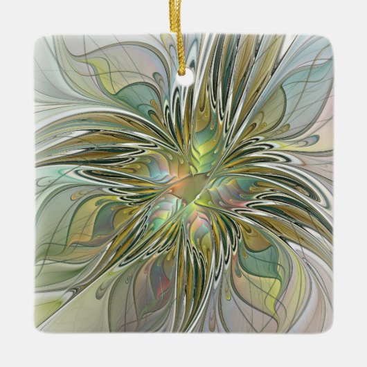 花のファンタジー モダン フラクタル アート ゴールドの花 セラミックオーナメント (正面)