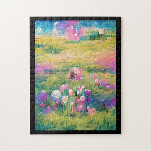 花のフィールド紫色のピンクの白いデジタルアート ジグソーパズル (縦)