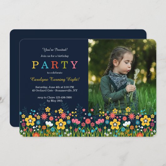 花のフィールド長方形写真招待状 招待状 (正面/裏面)