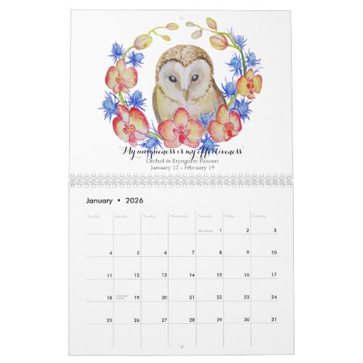 花のフクロウあなたの花の占星術の印 カレンダー (1月 2026)