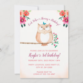花のフクロウの子供の誕生日 招待状