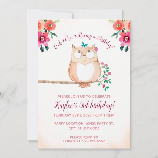 花のフクロウの子供の誕生日 招待状 (正面)